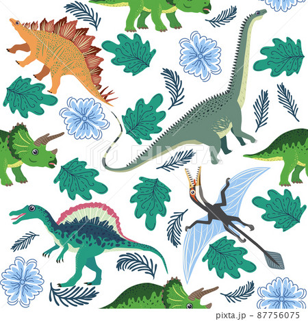 Hand drawn seamless pattern with dinosaurs and tropical leaves and flowers. Perfect for kids fabric, textile, nursery wallpaper. Cute dino design. Hand drawn seamless pattern with dinosaurs and tropical leaves and flowers. Perfect for kids fabric, textile, nursery wallpaper. Cute dino design. 87756075