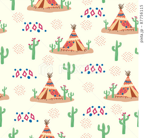 Teepee pattern. Wigwam native american summer tent illustration. Indian background pattern 87756115