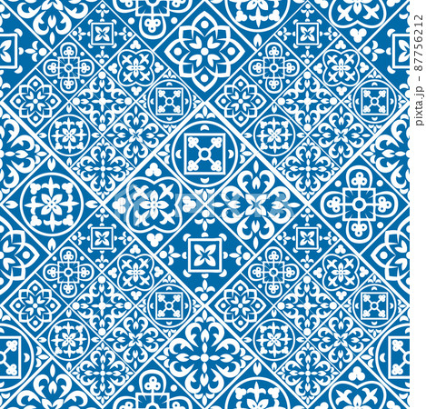 Portuguese seamless pattern with azulejo tiles. Gorgeous seamless patchwork pattern from colorful Moroccan tiles, ornaments. wallpaper, pattern fills, web page background,surface textures. 87756212