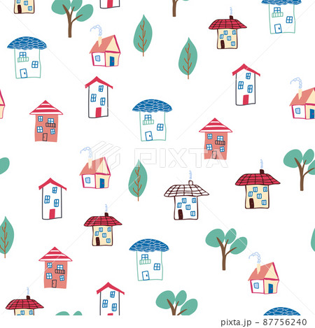 Pattern seamless kids with home doodle coloring element. house pattern, cute colorful homes, funny children decor 87756240