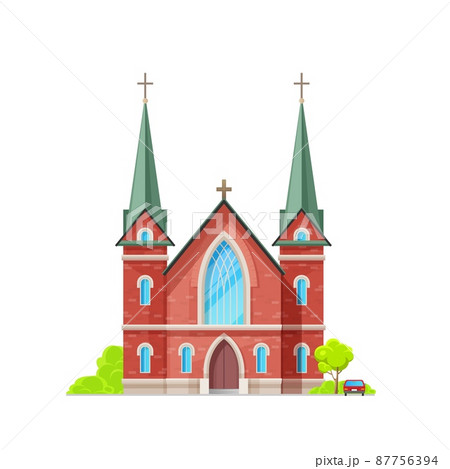 Catholic church or temple building icon, Christianity cathedral, vector religious architecture. Catholic, evangelic or protestant church or chapel, shrine of God and Jesus with crucifix cross 87756394