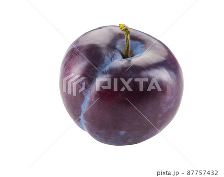 Smooth-skinned, mellow, purple plum fruit isolated on white background with copy space for text or images. Side view. Close-up shot. 87757432