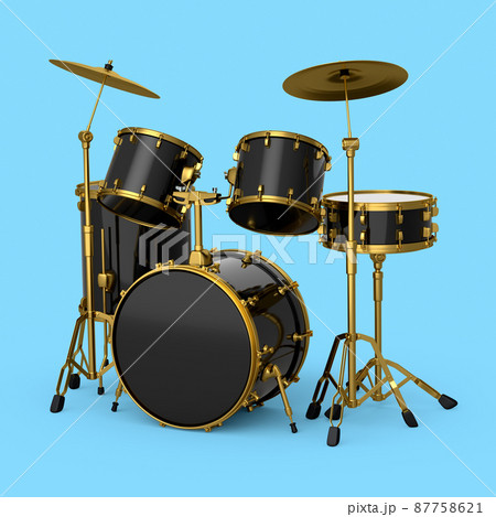 Set of realistic drums with metal cymbals on blue background. 3d render concept of musical percussion instrument, drum machine and drumset 87758621