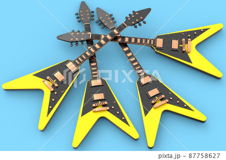 Set of electric acoustic guitar isolated on blue background. 3d render of concept for rock festival poster with heavy metal guitar for music shop Set of electric acoustic guitar isolated on blue background. 3d render of concept for rock festival poster with heavy metal guitar for music shop 87758627