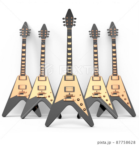 Set of electric acoustic guitar isolated on white background. 3d render of concept for rock festival poster with heavy metal guitar for music shop Set of electric acoustic guitar isolated on white background. 3d render of concept for rock festival poster with heavy metal guitar for music shop 87758628