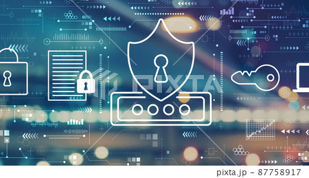 Cyber security theme with blurred city lights Cyber security theme with blurred city lights 87758917