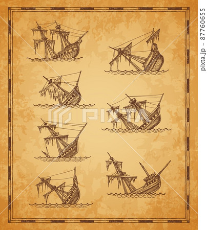 Sunken sailing ships vintage map sketch elements, vector sailboats wrecks. Broken boats or shipwrecks on treasure island in ocean or sea waves, drowned or sinking ships in hand drawn sketch 87760655