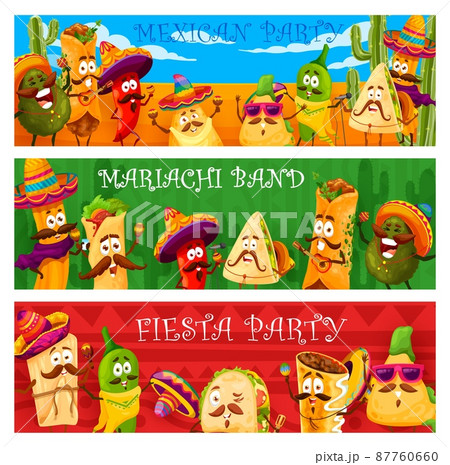 Mexican fiesta party, cartoon funny mariachi food characters. Vector banners with tex mex snack meals in sombrero and poncho playing maracas and guitar, singing on desert landscape with cactuses 87760660