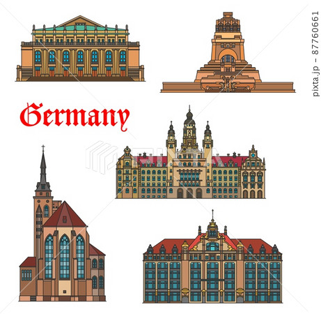 Germany buildings, Stuttgart and Leipzig architecture, travel vector landmarks. Battle of Nations Monument or Volkerschlachtdenkmal, Stuttgart Staatsoper opera house and Collegiate Church Stiftskirche Germany buildings, Stuttgart and Leipzig architecture, travel vector landmarks. Battle of Nations Monument or Volkerschlachtdenkmal, Stuttgart Staatsoper opera house and Collegiate Church Stiftskirche 87760661