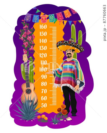 Kids height chart with cartoon man in poncho, vector growth meter with measure scale. Children stadiometer ruler sticker with Mexican man, sombrero, guitar and cactus, papel picado flags and marigold 87760663