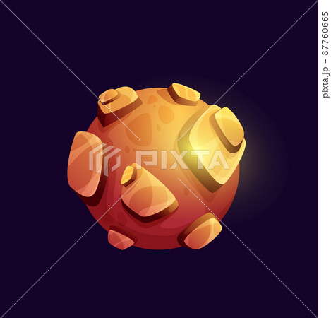 Galaxy space planet with volcano, mountains. Game UI fantasy planet icon with golden or shiny metal surface, stones and cliffs. Alien galaxy inhabitable world or moon satellite 87760665