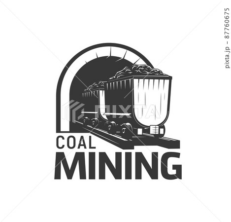 Coal mining trolley, mine factory and heavy industry vector icon. Mining wheelbarrow in quarry tunnel, emblem for coal or metal ore excavation and metallurgy exploitation Coal mining trolley, mine factory and heavy industry vector icon. Mining wheelbarrow in quarry tunnel, emblem for coal or metal ore excavation and metallurgy exploitation 87760675