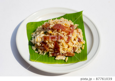 Fried rice with chinese sausage. 87761039