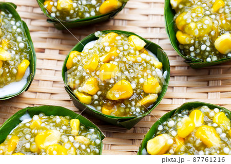 Thai dessert coconut pudding with tapioca pearl or sago and corn Thai dessert coconut pudding with tapioca pearl or sago and corn 87761216