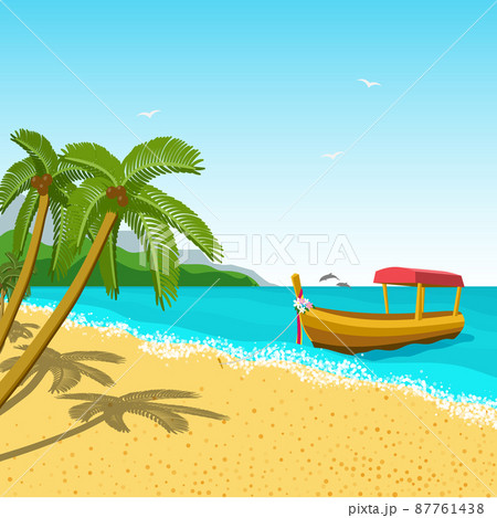 Boat landscape long tail flower ribbon on its nose tropical coast. Summer seascape dolphins horizon. Wild sea beach palm gold sand. Design banner web card invitation postcard hotel paradise vacation 87761438