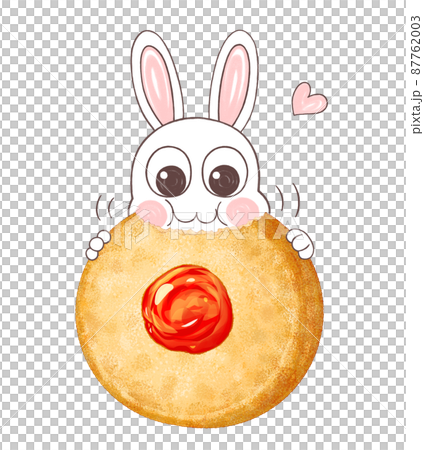 Illustration of a rabbit eating a die-cut cookie with a red drain cherry Illustration of a rabbit eating a die-cut cookie with a red drain cherry 87762003