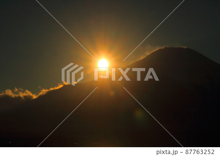 夕日に染まる山中湖村の富士山のシルエットと湖 87763252