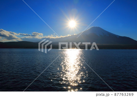 夕日に染まる山中湖村の富士山のシルエットと湖 夕日に染まる山中湖村の富士山のシルエットと湖 87763269