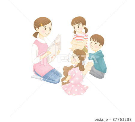 先生の読み聞かせを聞く子供たち 87763288