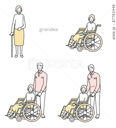 杖をつくシニア女性と車イスのシニア女性 87763446