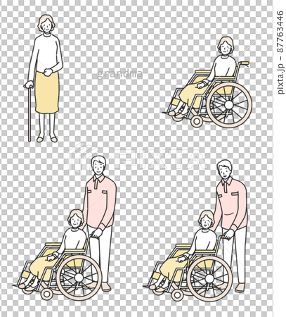 杖をつくシニア女性と車イスのシニア女性 87763446