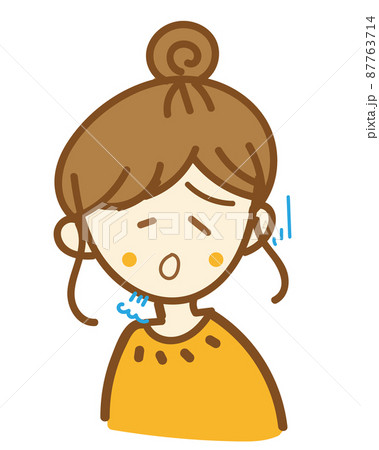 育児や仕事、生理痛や頭痛で疲れた表情をしている女性の手書きイラスト。溜息・疲労 87763714