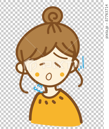 育児や仕事、生理痛や頭痛で疲れた表情をしている女性の手書きイラスト。溜息・疲労 87763714