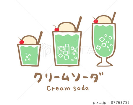 かわいいドリンクのクリームソーダのセット／手描き文字イラスト素材 87763755
