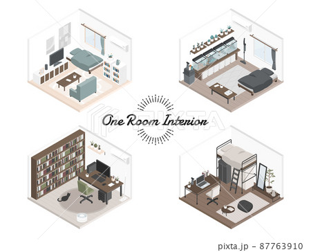 ワンルームのインテリア・イラストセット 87763910