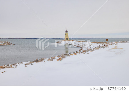 Overcast view of the snowy Lake Hefner lighthouse Overcast view of the snowy Lake Hefner lighthouse 87764140