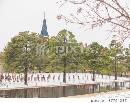 Overcast view of a snowy garden of Oklahoma City National Memorial and Museum 87764237