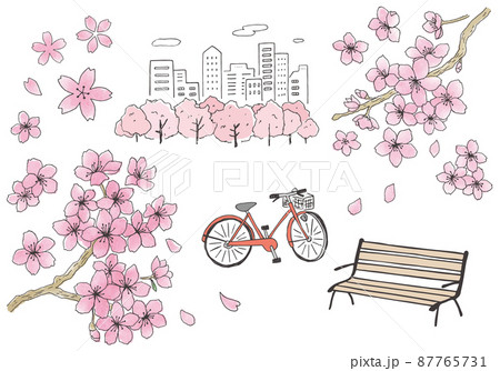 手描きの桜とベンチと自転車のイラスト（カラー） 87765731