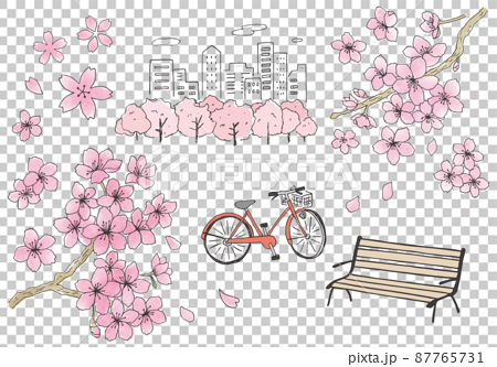 手描きの桜とベンチと自転車のイラスト（カラー） 87765731