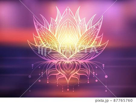 Vector boho lotus with ornate decorations on blur ocean sunset background. Water flower with tribal ornament on sunrise. Vector boho lotus with ornate decorations on blur ocean sunset background. Water flower with tribal ornament on sunrise. 87765760