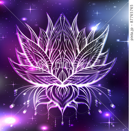 Vector boho lotus with ornate decorations in cosmos. Neon water flower with tribal ornament on space background. Natural sacred symbol 87765765