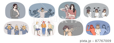 Set of unhappy people struggle with mental problems Set of unhappy people struggle with mental problems 87767009