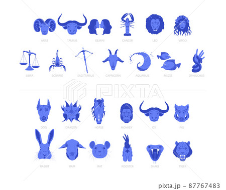 Collection of detailed zodiac signs. Animals according to the Chinese astrology. Collection of detailed zodiac signs. Animals according to the Chinese astrology. 87767483