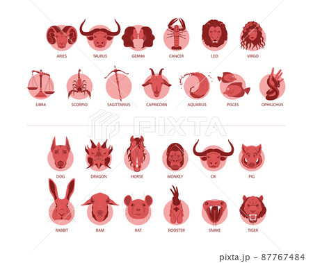 Collection of detailed zodiac signs. Animals according to the Chinese astrology. 87767484