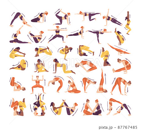 Collection of yoga poses. Illustrations of a girl doing yoga and stretching in a flat style. Collection of yoga poses. Illustrations of a girl doing yoga and stretching in a flat style. 87767485
