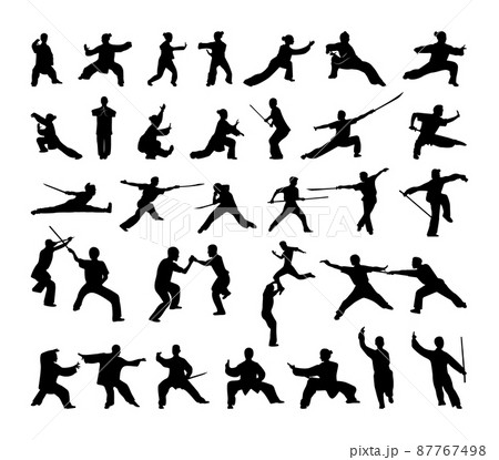 Collection of black silhouettes of wushu athletes. Character shadow illustrations. 87767498