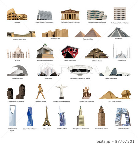 Vector collection of realistic wonders of the world and landmarks of different countries. Vector collection of realistic wonders of the world and landmarks of different countries. 87767501