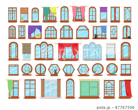 Vector collection of colorful windows in flat style. Objects for creating an interior. 87767506