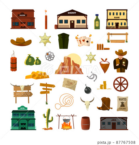 Wild west attributes. American western colorful illustration. 87767508