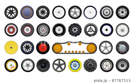 Collection of detailed realistic wheels of various vehicles. 87767513