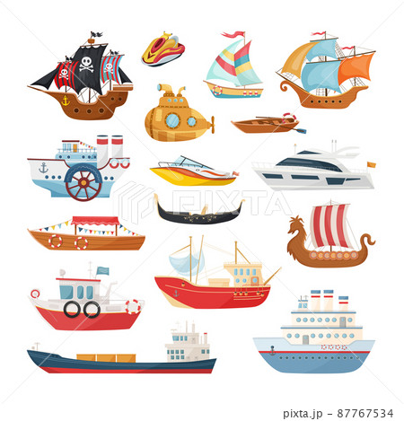 Collection of water transport in cartoon style. Collection of water transport in cartoon style. 87767534