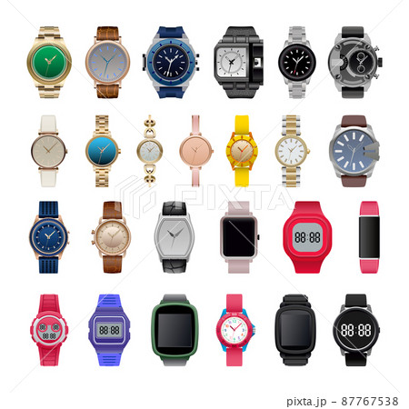 Collection of wrist watches in realistic detailed style. Mechanical and electronic watches. 87767538