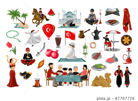 Vector objects associated with Turkey. Illustrations of Turkish traditions, food and symbols. 87767726