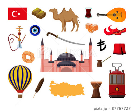 Vector objects associated with Turkey. Illustrations of Turkish landmarks in modern flat style. 87767727