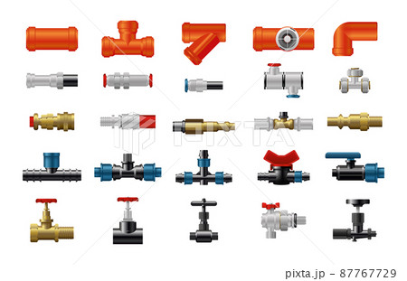 Collection of valves and fittings for gas and water pipes. Plumbing equipment. Realistic detailed style. Collection of valves and fittings for gas and water pipes. Plumbing equipment. Realistic detailed style. 87767729