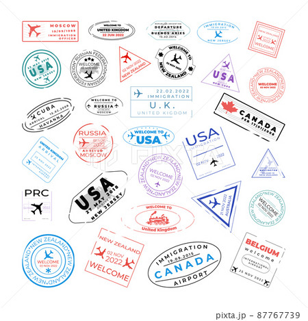 Collection of travel stamps for the airport. Stamps from different countries. 87767739